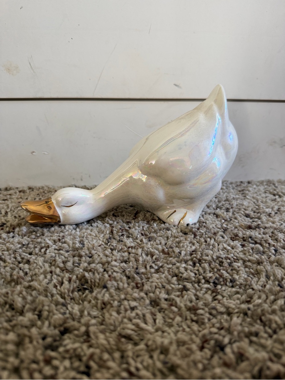 Iridescent White Ceramic Goose Figurine with Gold Beak - Home Art